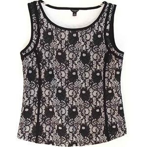 Ann Taylor White Top with Black Lace Overlay